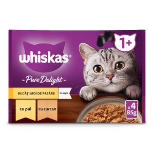 Hrana umeda pentru pisici adulte Whiskas Pure Delight cu carne de pasare in aspic, 4 x 85 g
