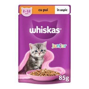 Hrana umeda pentru pisici junioare Whiskas Junior cu pui in aspic, 85 g