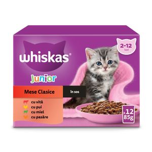 Hrana umeda pentru pisici junioare Whiskas Junior, selectii de carne in sos, 12 x 85 g