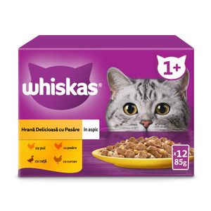 Hrana umeda pentru pisici adulte Whiskas cu carne de pasare in aspic, 12 x 85 g