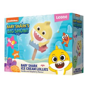 Inghetata pe bat Leone Baby Shark cu aroma de vanilie si cacao, 4 x 60 ml