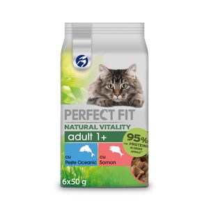 Hrana umeda pentru pisici Perfect Fit Natural Vitality, cu peste oceanic si somon, 6 x 50 g
