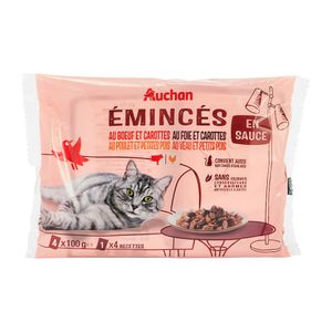 Hrana umeda pentru pisici adulte Auchan, bucati in sos de vita, ficat si morcovi, 4 x 100 g