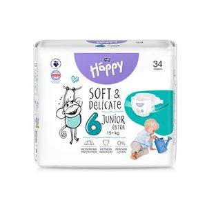 Scutece Happy Soft&Delicate Junior extra, marimea 6, 15+ kg, 34 bucati