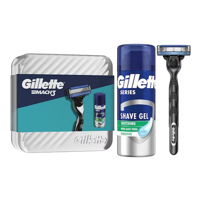 set-pentru-cadou-gillette-mach3-aparat-de-ras-gel-de-ras-cu-efect-calmant-75-ml-cutie-metalica