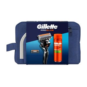Set pentru cadou Gillette Proglide: Aparat de ras + 1 Lama rezerva + Gel de ras Fusion Ultra Sensitive, 200 ml + Suport aparat de ras + Trusa de voiaj