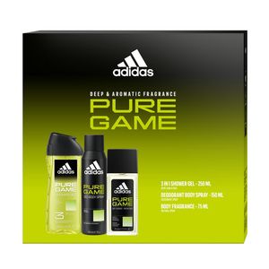 Set pentru cadou Adidas Pure Game: Deodorant natural spray, 75 ml + Deodorant spray corp, 150 ml + Gel de dus, 250 ml