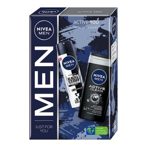 Set pentru cadou: Deodorant spray Nivea Men Black & White Invisible Power, 150 ml + Gel de dus Nivea Men Active Clean, 250 ml