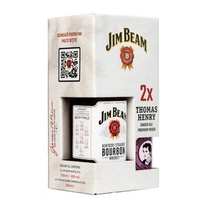 Whisky Jim Beam, 40% alcool, 0.7 l + 2 x Bautura Carbogazoasa Thomas Henry, ginger ale, 0.2 l