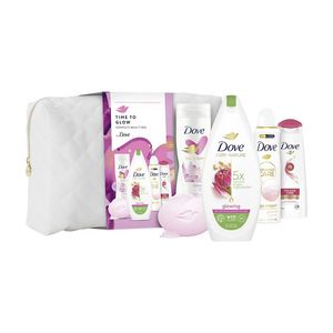 Set pentru cadou Dove: Gel de dus, 225 ml + Deodorant spray, 150 ml + Lotiune corp, 250 ml + Sapun solid + Sampon, 250 ml + geanta