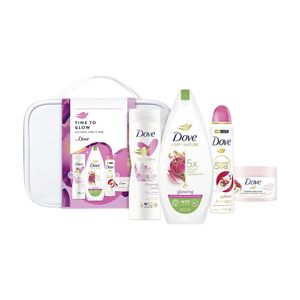 Set pentru cadou Dove: Gel de dus Glowing, 225 ml + Deodorant spray, 150 ml + Lotiune corp, 250 ml + Scrub, 225 ml + geanta