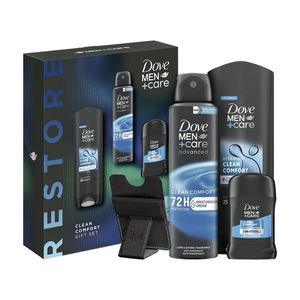 Set pentru cadou Dove Men Care Clean Comfort: Gel de dus, 250 ml + Deodorant spray, 150 ml + Deodorant stick + Husa telefon