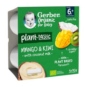 Iaurt vegetal pentru bebelusi Gerber Bio cu mango, kiwi si cocos, de la 6 luni, 4 x 90 g