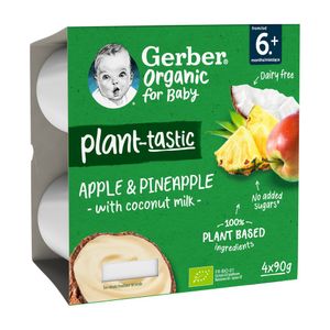 Iaurt vegetal pentru bebelusi Gerber Bio cu mere, ananas si cocos, 4 x 90 g
