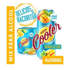 Bere blonda fara alcool cu aroma de mango si lime Ursus Cooler, 4 x 0.5 l