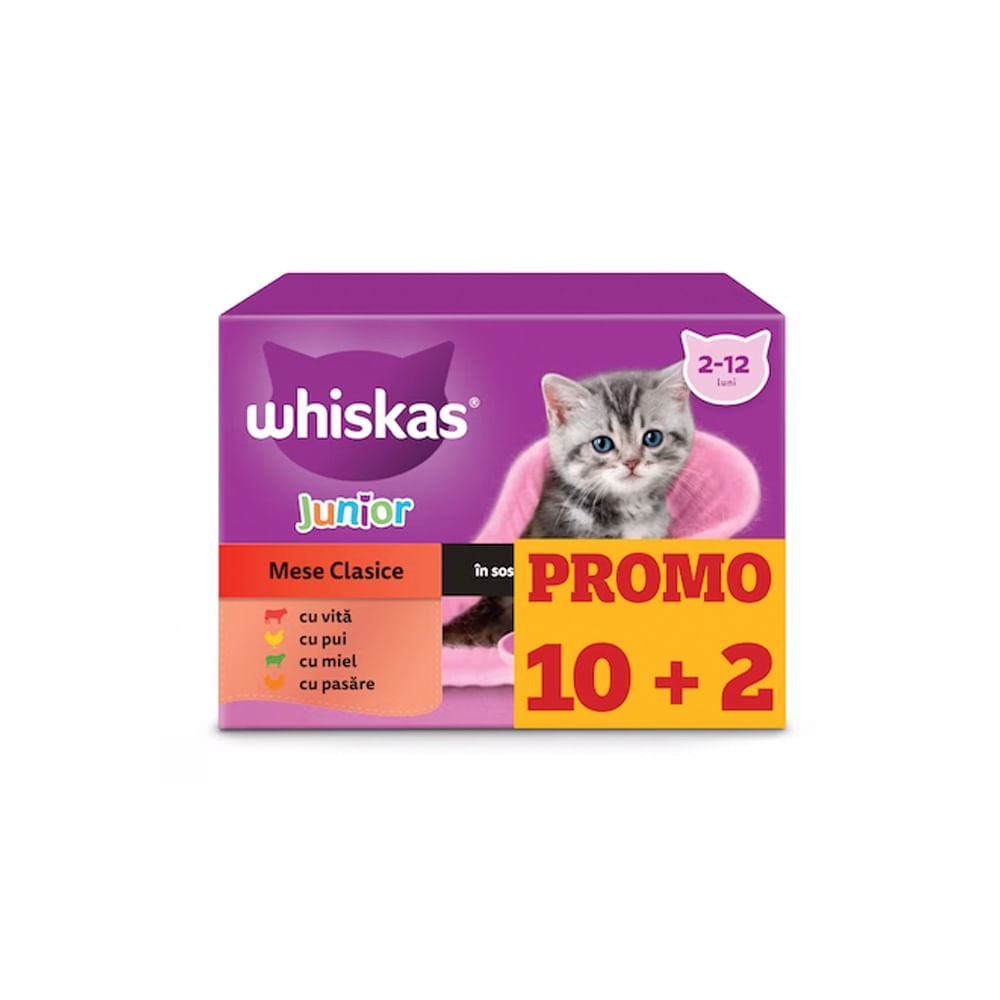 Hrana umeda pentru pisici junioare Whiskas Junior, selectii clasice in sos de carne, 10+2 x 85 g