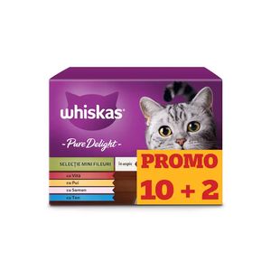 Hrana umeda pentru pisici adulte Whiskas Pure Delight, vitel, pui, somon si ton, 10+2 x 85 g