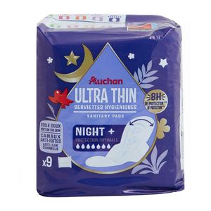 Absorbante igienice de noapte Auchan Ultra Thin Night+, 9 bucati