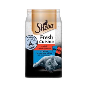 Hrana umeda pentru pisici adulte Sheba Taste of Paris, vita si peste cu carne alba, 6 x 50 g