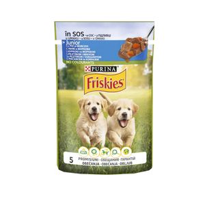 Hrana umeda caini Purina Friskies Junior cu pui si morcovi in sos, 100 g