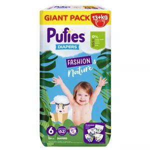 Scutece Pufies Fashion & Nature Giant Pack, marimea 6, 13 kg+, 62 bucati