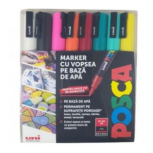 Set markere UNI Posca PC-3M, varf 09 - 1.3 mm, 8 culori