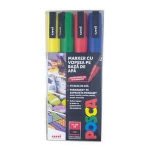 Set markere UNI Posca PC-3M, varf 09 - 1.3 mm, 4 culori