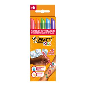 Set 5 markere pentru tatuaje temporare BIC Kids, 10 stickere incluse, diverse modele