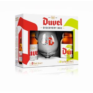 Pachet bere blonda Duvel Discovery Box, 2 x 0.33 l + pahar