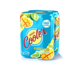 Bere blonda fara alcool Ursus Cooler cu aroma de mango si lime, doza, 4 x 0.5 l