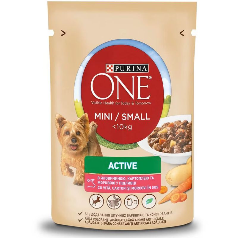 hrana-umeda-pentru-caini-purina-one-mini-activ-vita-si-cartofi-85-g