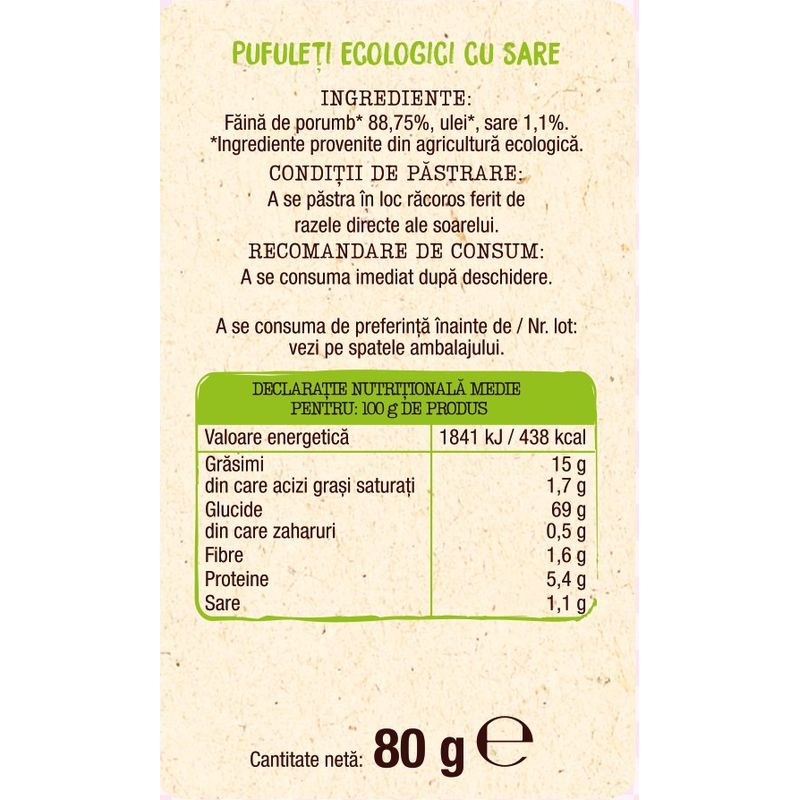 Pufuleti ECO cu sare Auchan, 80 g | Pret avantajos - Auchan.ro