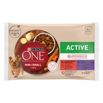 hrana-umeda-pentru-caini-talie-mica-purina-one-mini-activ-adult-vita-si-rata-4-x-85-g