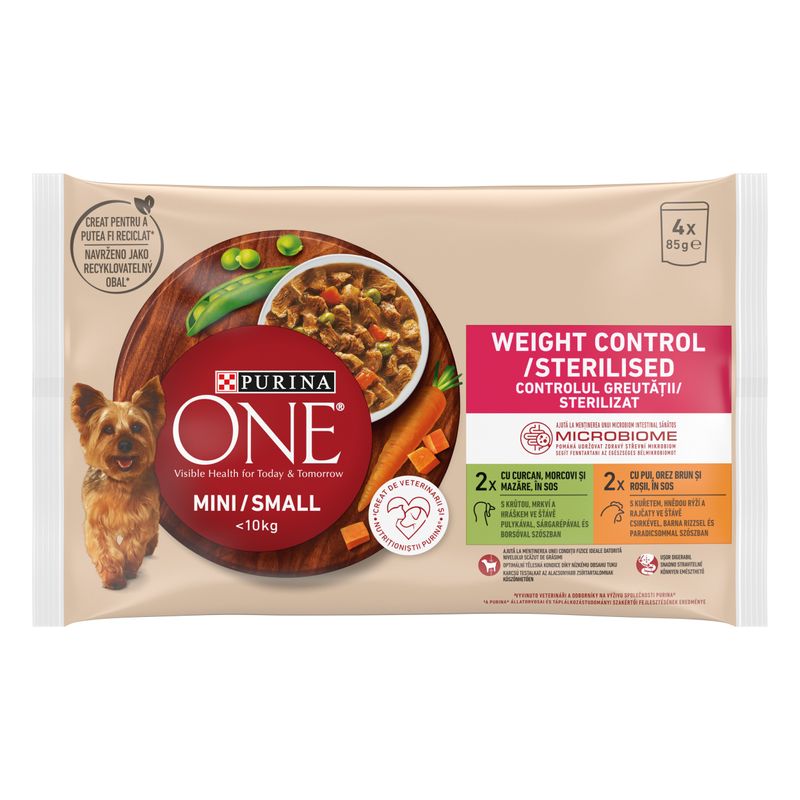 hrana-umeda-pentru-caini-de-talie-mica-purina-one-mini-controlul-greutatii-adult-curcan-si-porc-4-x-85-g