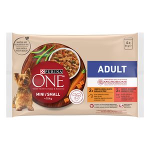 Hrana umeda pentru caini talie mica Purina One Mini Adult, pui si vita, 4 x 85 g