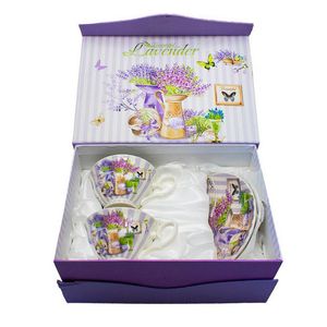 Set 2 cesti cu farfurie Beautiful Lavender, cermica, 230 ml