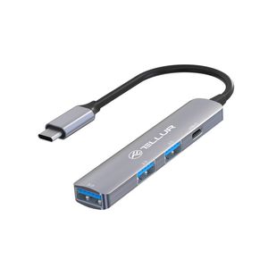 Hub USB-C 4 in 1 Tellur, aluminiu, port USB 2.0, USB-C si USB 3.0, gri