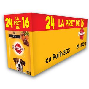 Hrana umeda pentru caini aduti Pedigree, pui si legume in sos, 16+8 x 100 g