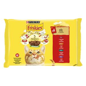 Hrana umeda pentru pisici adulte Purina Friskies, pui, vita, miel si rata in sos, 4 x 85 g