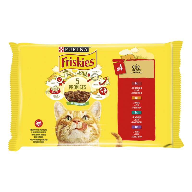 hrana-umeda-pentru-pisici-purina-friskies-adult-pui-vita-miel-si-rata-in-sos-4-x-85-g