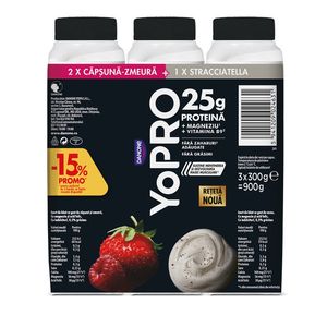 Pachet iaurt de baut proteic YoPRO, 2 x capsuni si zmeura + 1 x Stracciatella, 3 x 300 g