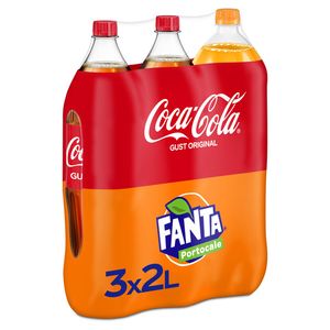 Bautura carbogazoasa Coca-Cola Gust Original si Fanta Portocale, 3 x 2 l