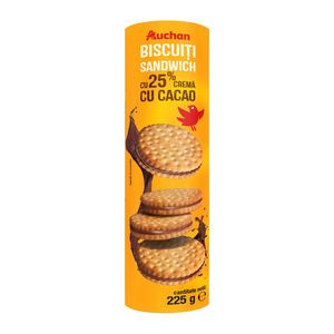 Biscuiti sandwich cu crema de cacao Auchan, 225 g