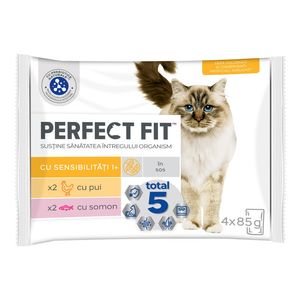 Hrana umeda pentru pisici sensibile adulte Perfect Fit  cu pui si somon in sos, 4 x 85 g