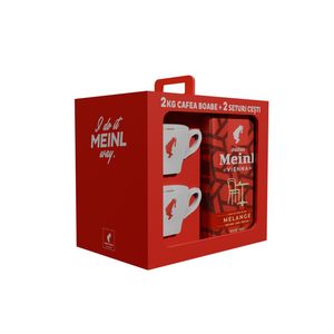 Pachet cafea boabe Julius Meinl Vienna Line Melange, 2 x 1 kg + set 2 cesti cu farfurie Julius Meinl