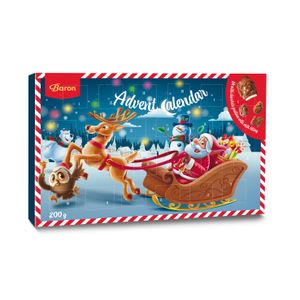 Calendar Advent cu ciocolata cu umplutura de lapte Baron, tematica de Craciun, 200 g