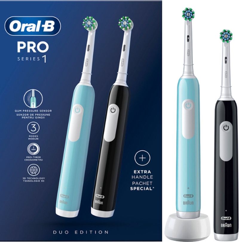 set-2-periute-de-dinti-electrica-oral-b-d305-pro-1-duo-3-viteze-timer-de-2-minute-negru-albastru