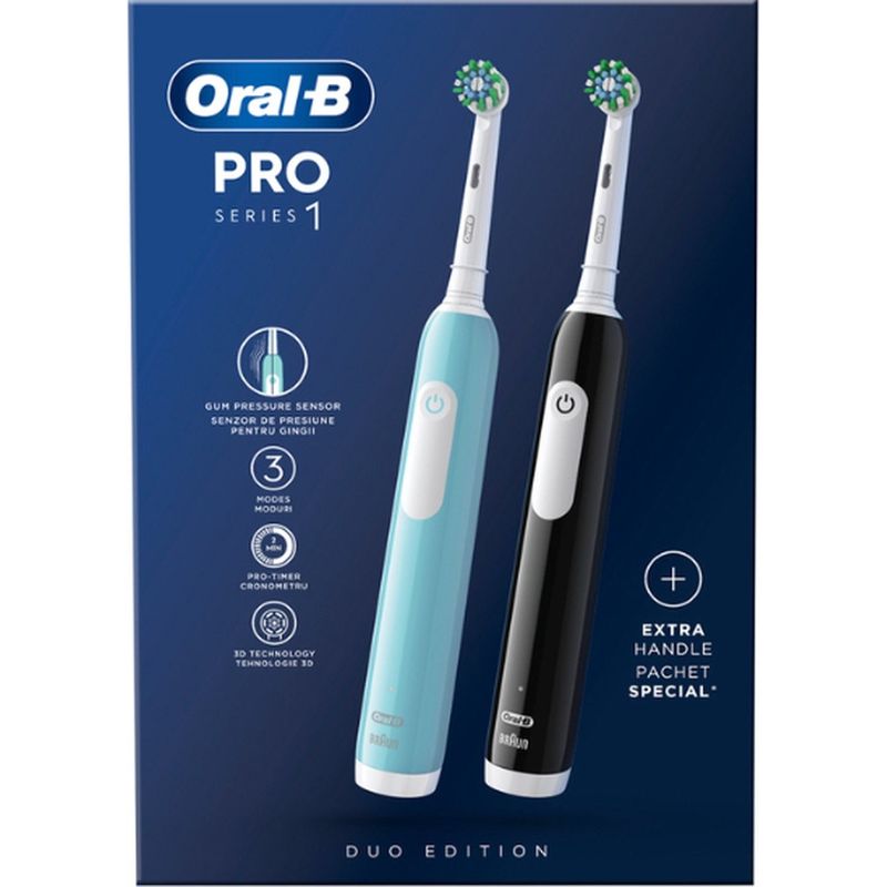 set-2-periute-de-dinti-electrica-oral-b-d305-pro-1-duo-3-viteze-timer-de-2-minute-negru-albastru