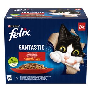 Hrana umeda pentru pisici adulte Purina Felix Fantastic cu vita, iepure, pui si miel, plic, 24 x 85 g