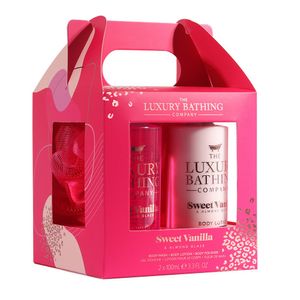 Set pentru cadou Glamorous Glow Sweet Vanilla & Almond Glaze: Gel de dus, 100 ml + Lotiune corp, 100 ml + Burete exfoliant